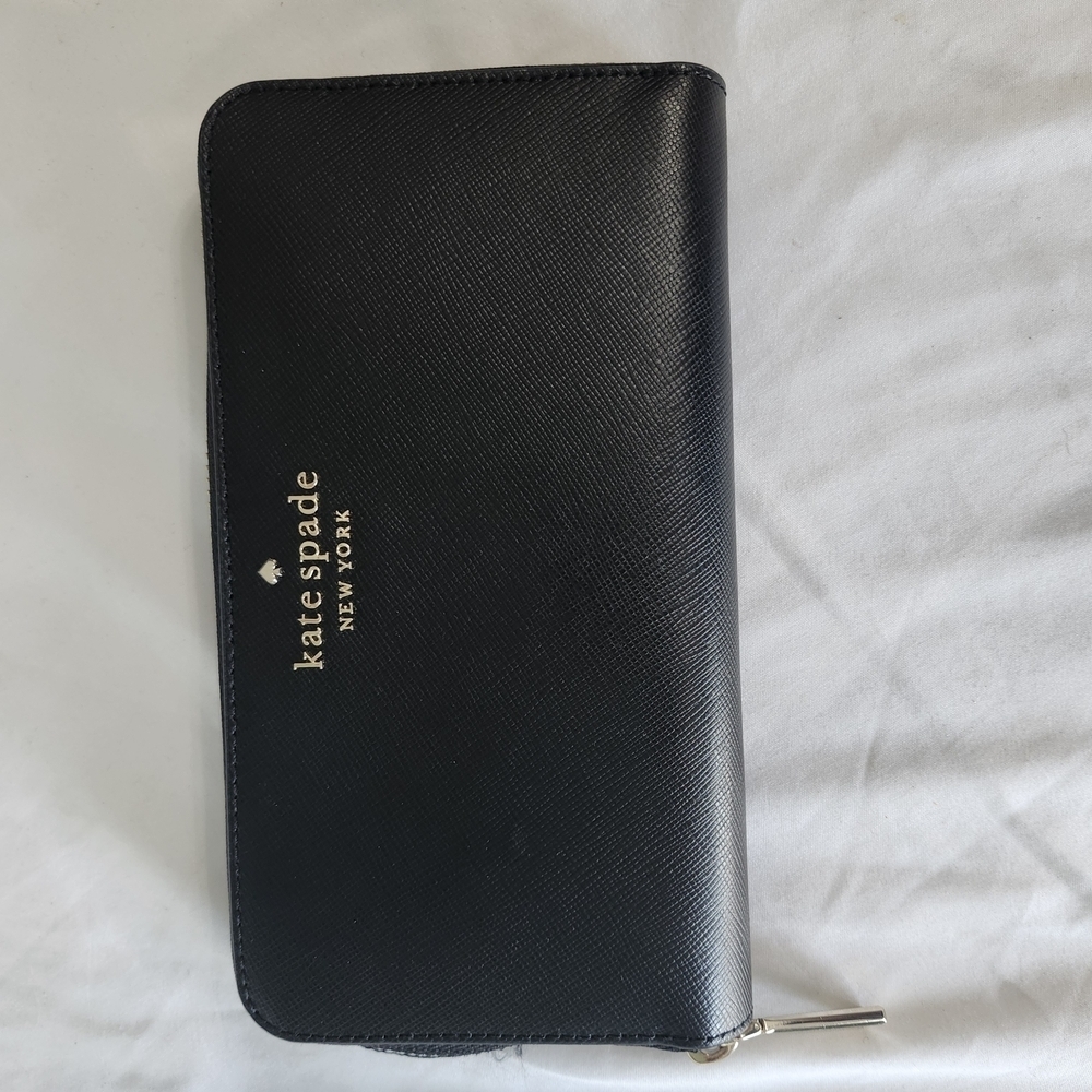 kate spade black zip-around saffiano wallet with gold logo